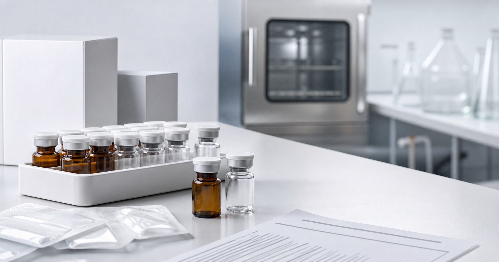 Clean laboratory bench with sterile vials and packaging