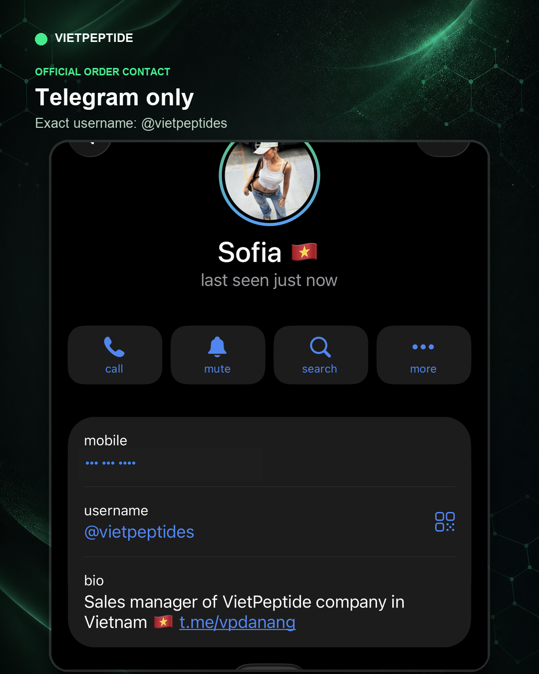 Официальный Telegram-профиль VietPeptide для заказов с именем @vietpeptides