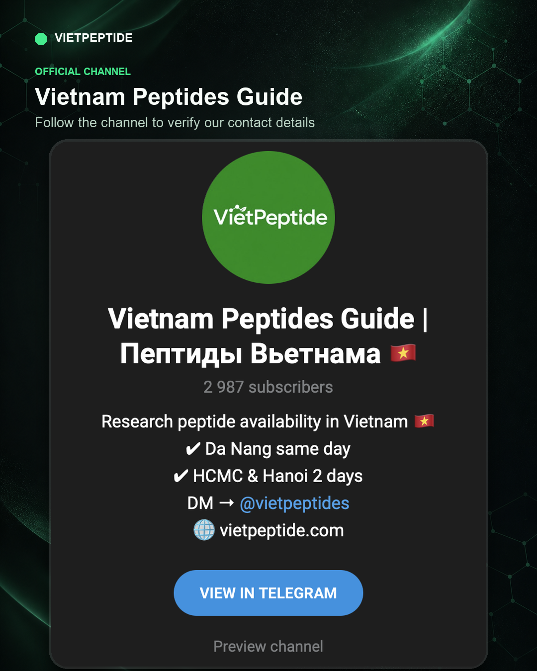 Официальный Telegram-канал, где указан контакт @vietpeptides