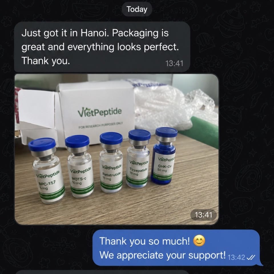 Customer photo from Hanoi showing a received VietPeptide order with labeled vials