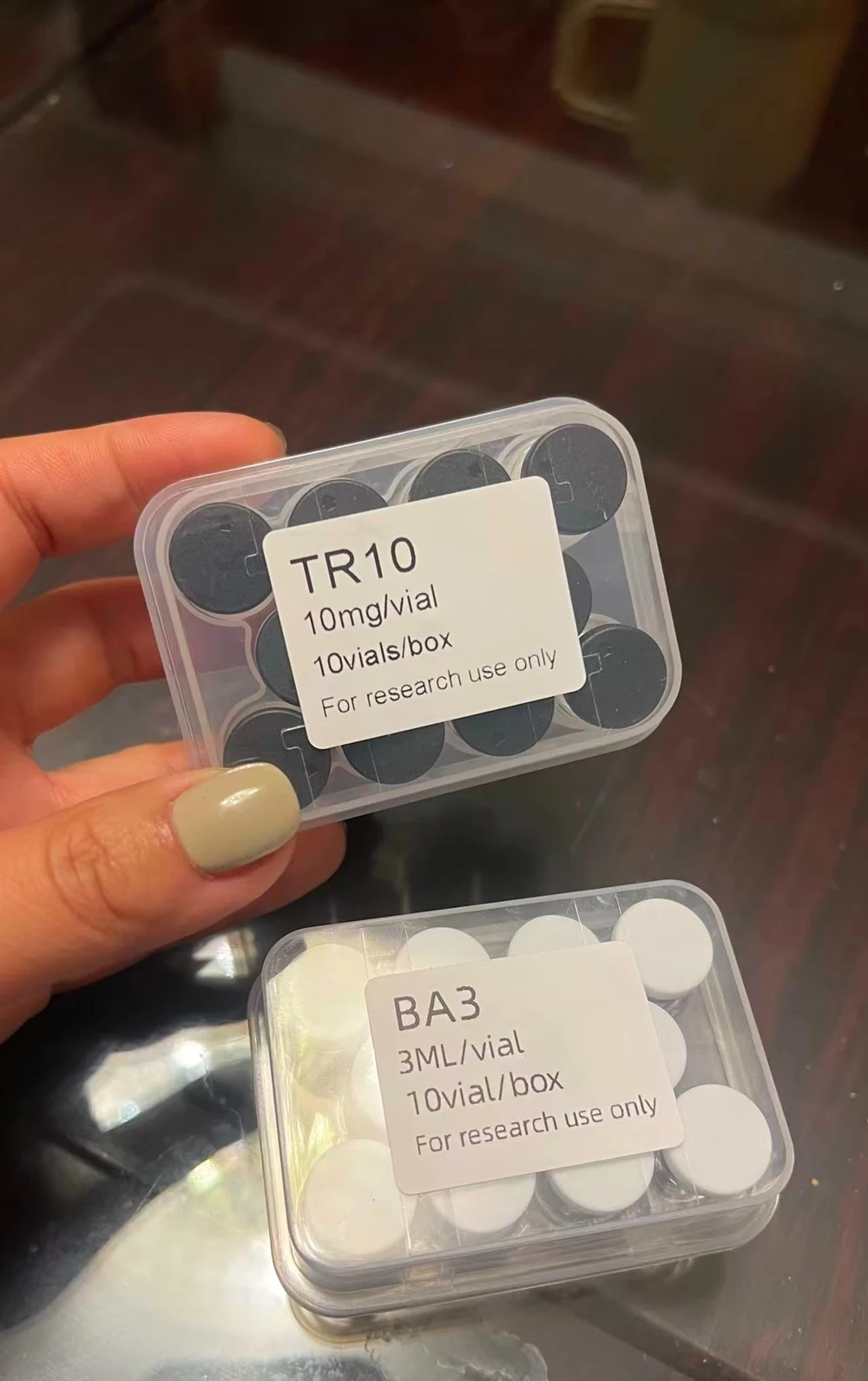 Received VietPeptide order with labeled vials, photographed by the customer