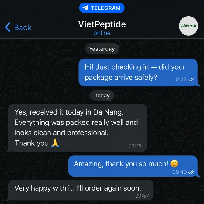 Customer message about a VietPeptide delivery in Da Nang