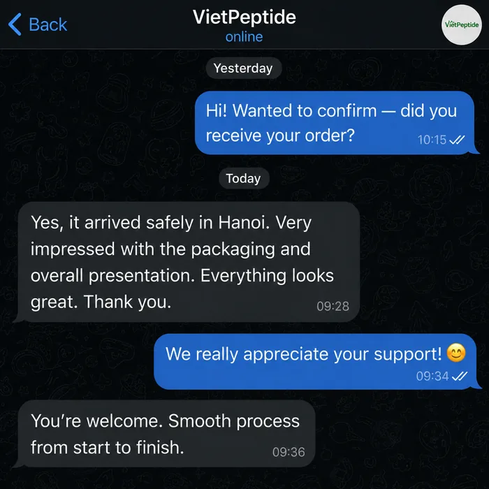 Customer message from Hanoi about ordering and delivery with VietPeptide