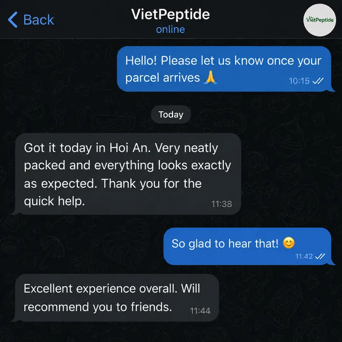 Customer message about a VietPeptide delivery in Hoi An