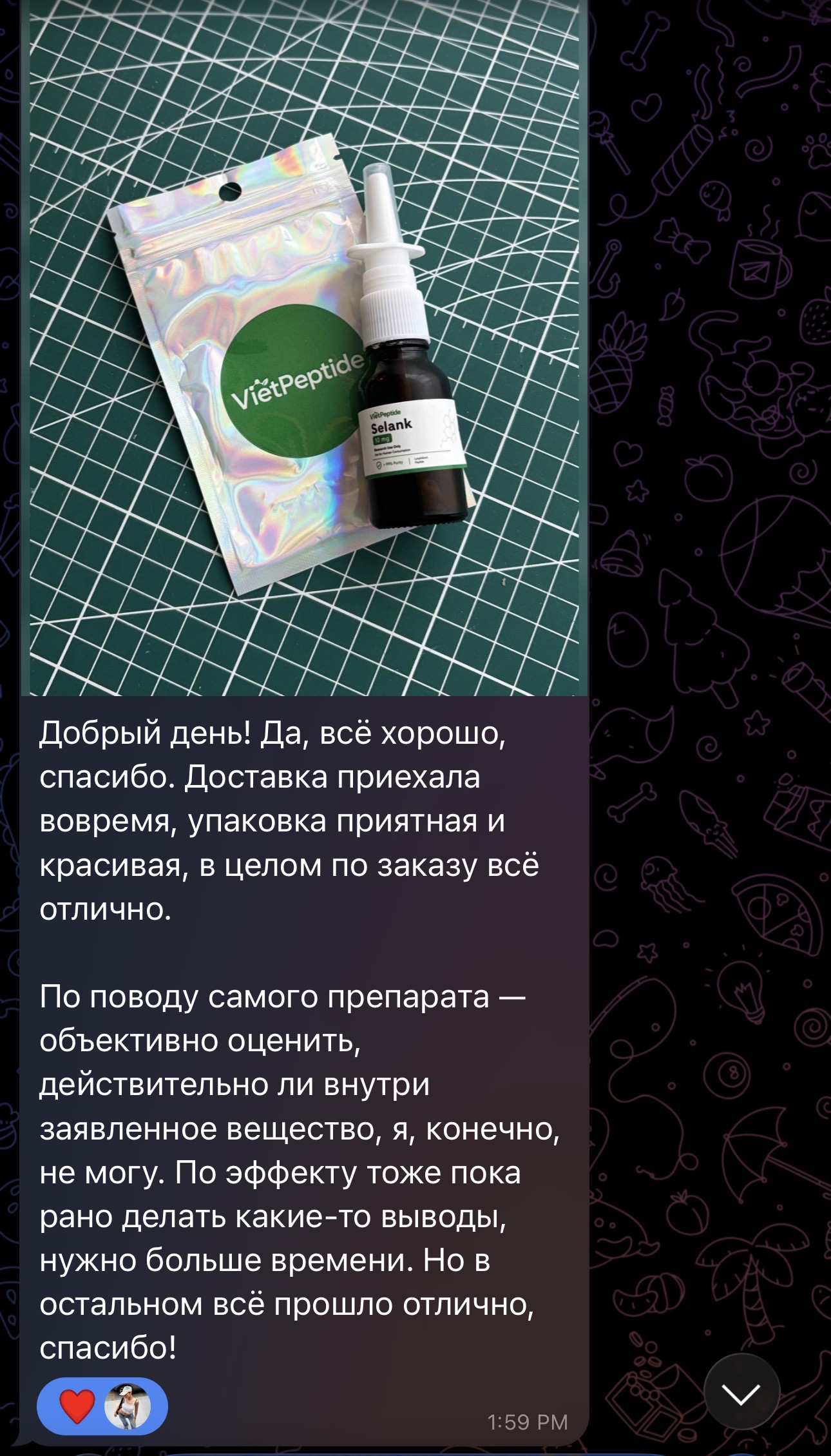 Russian-language customer message after delivery, with a photo of a VietPeptide Selank order
