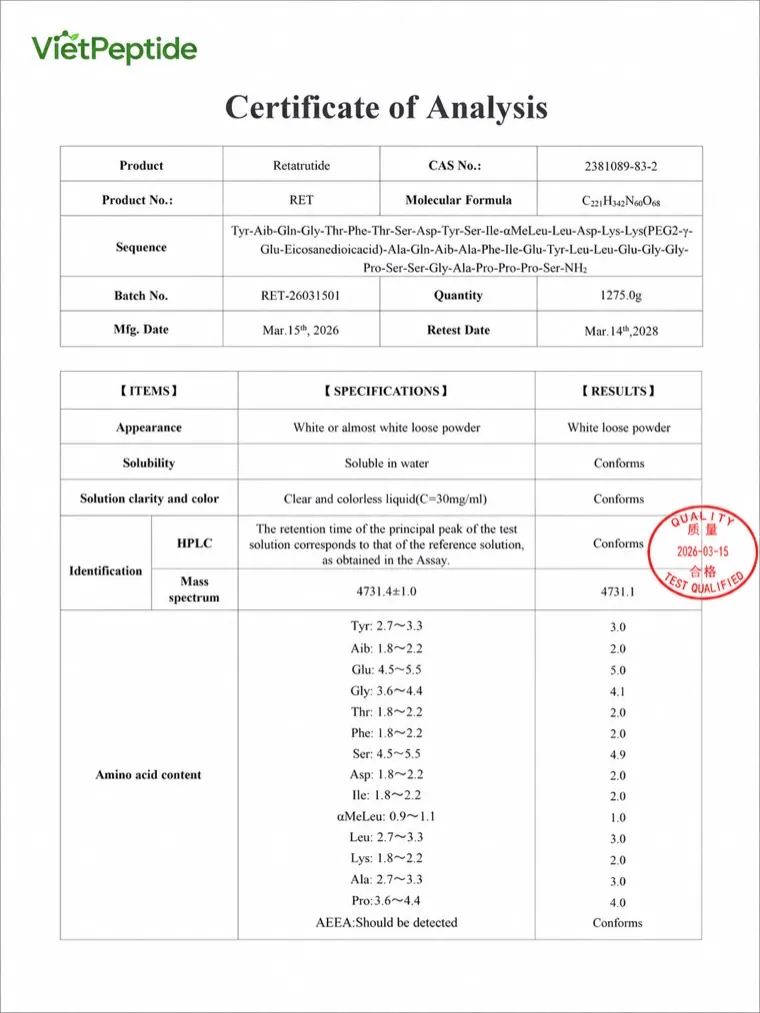 Retatrutide batch Certificate of Analysis, page 1: identity and specifications
