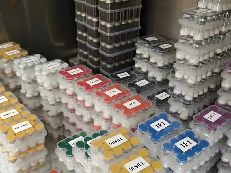 Boxes of research peptide vials sorted by product
