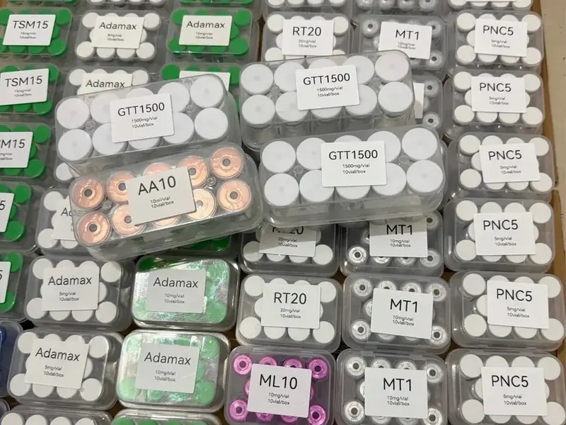 Labeled research peptide vial boxes in stock